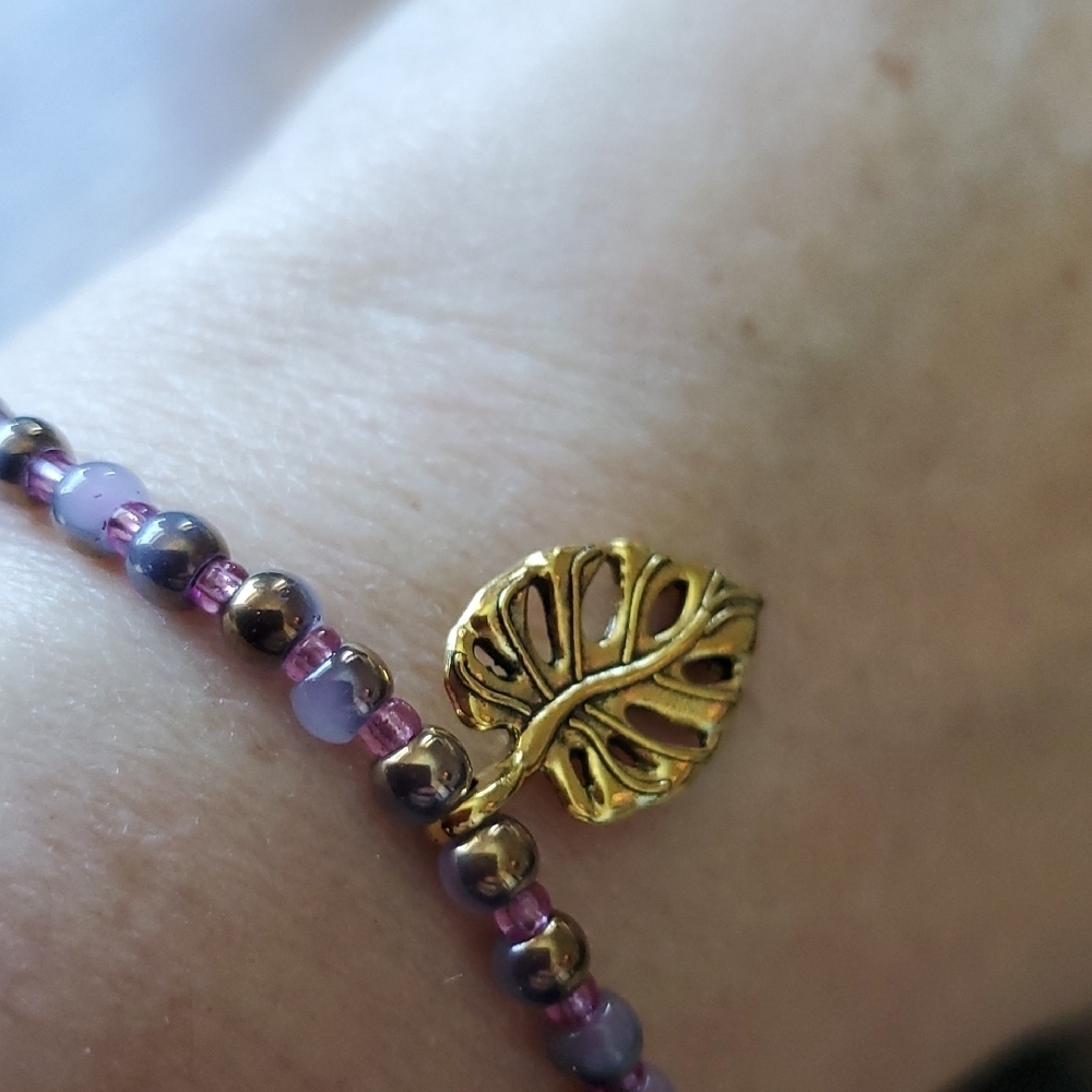 Purple Beaded Bracelet with Gold Leaf Charm - Picture 2 of 2